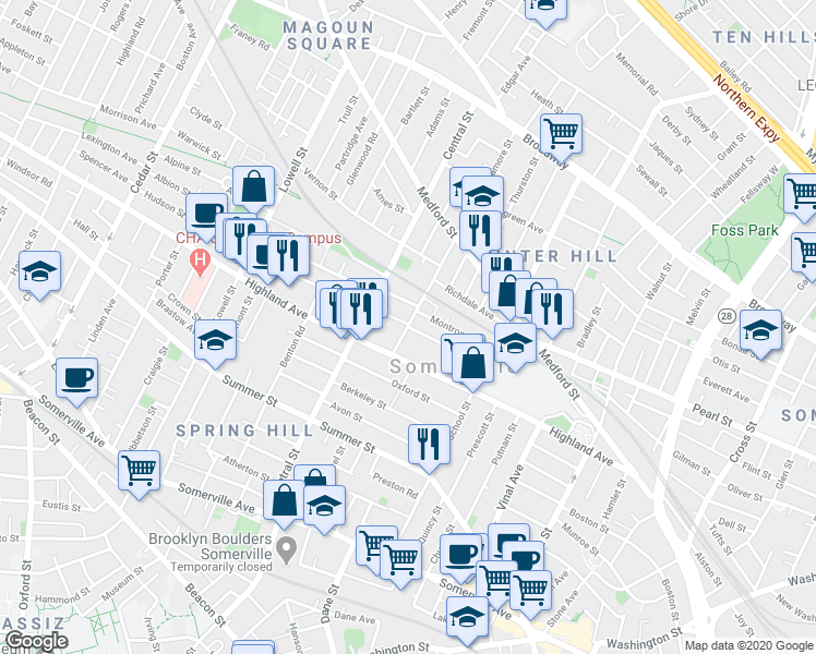 map of restaurants, bars, coffee shops, grocery stores, and more near Sycamore St & Madison St in Somerville