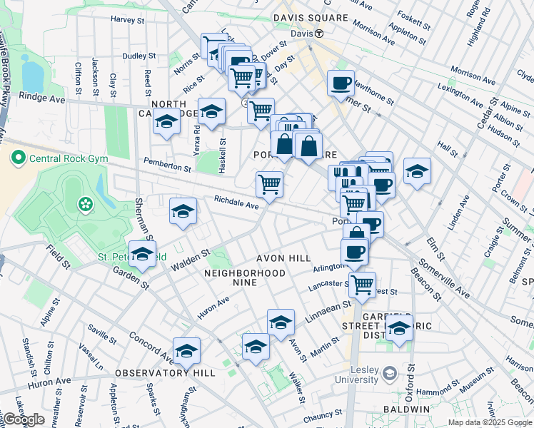 map of restaurants, bars, coffee shops, grocery stores, and more near 66 Walden Street in Cambridge