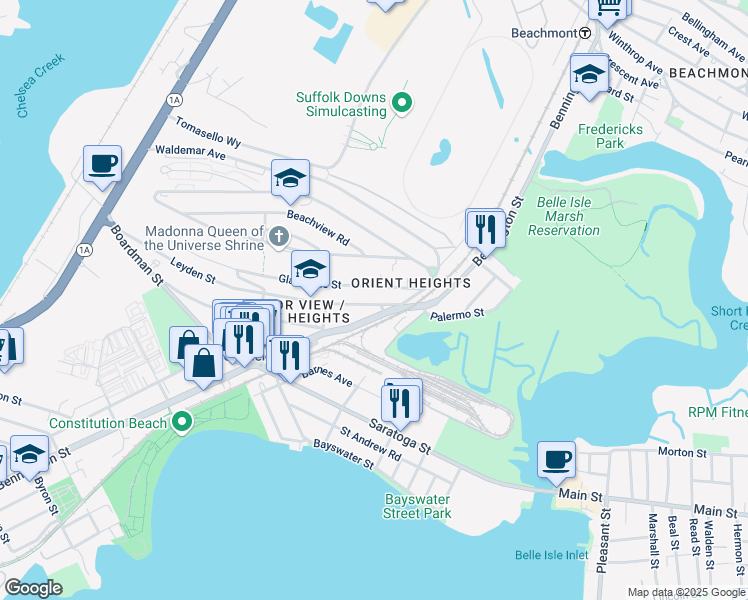 map of restaurants, bars, coffee shops, grocery stores, and more near 1148 Bennington Street in Boston