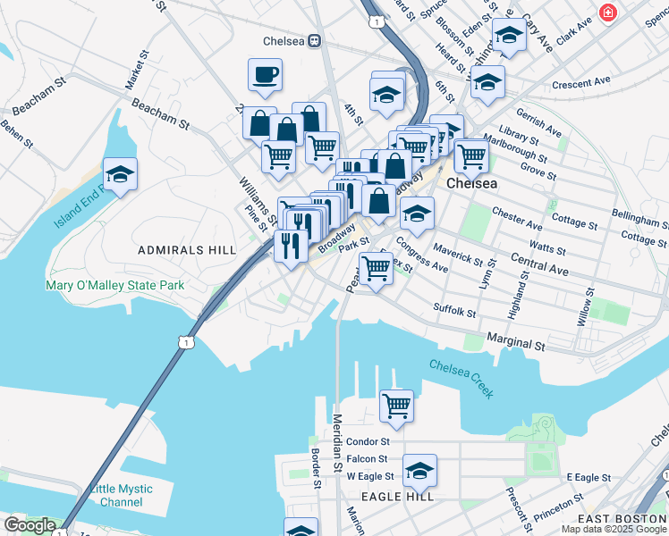 map of restaurants, bars, coffee shops, grocery stores, and more near Winnisimmet Street in Chelsea