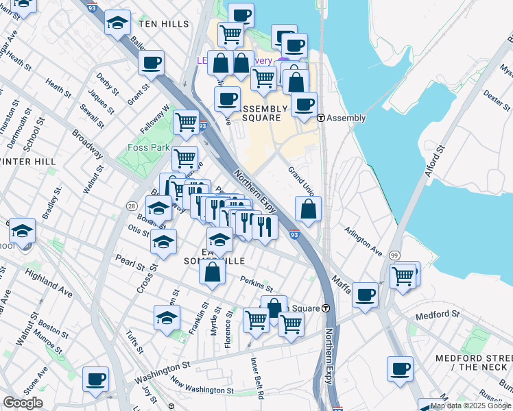 map of restaurants, bars, coffee shops, grocery stores, and more near 11 Maine Avenue in Somerville