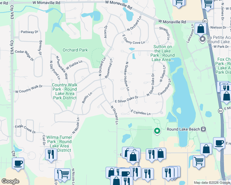 map of restaurants, bars, coffee shops, grocery stores, and more near 2245 North Harvest Hill Place in Round Lake Beach