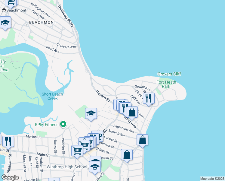 map of restaurants, bars, coffee shops, grocery stores, and more near 18 Upland Road in Winthrop