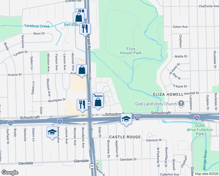 map of restaurants, bars, coffee shops, grocery stores, and more near 14075 Riverview Street in Detroit