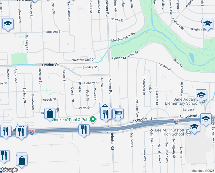 map of restaurants, bars, coffee shops, grocery stores, and more near 14224 Inkster Road in Redford Charter Township