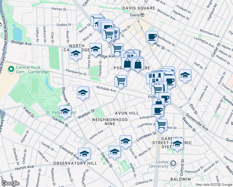 map of restaurants, bars, coffee shops, grocery stores, and more near 65 Walden Street in Cambridge