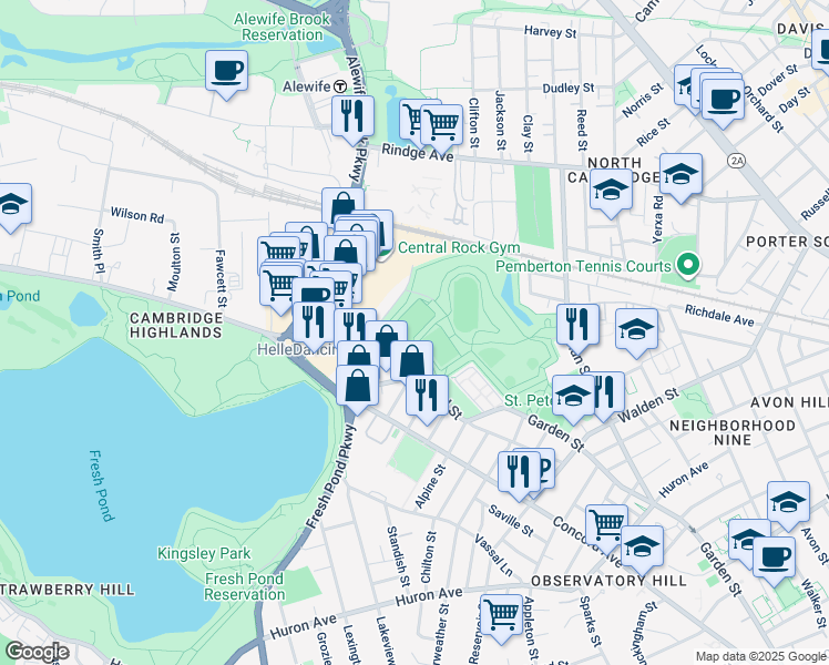 map of restaurants, bars, coffee shops, grocery stores, and more near 66 New Street in Cambridge