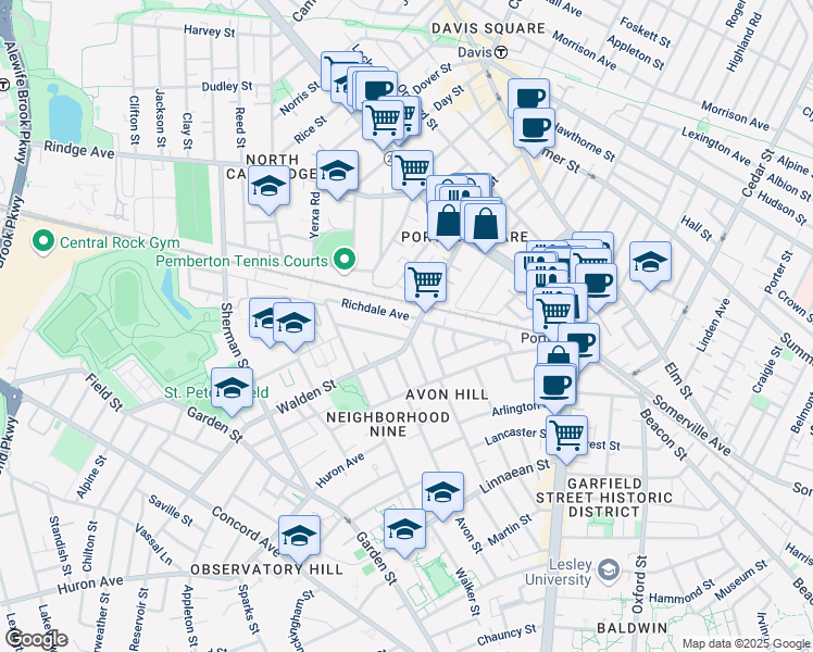 map of restaurants, bars, coffee shops, grocery stores, and more near 77 Walden Street in Cambridge