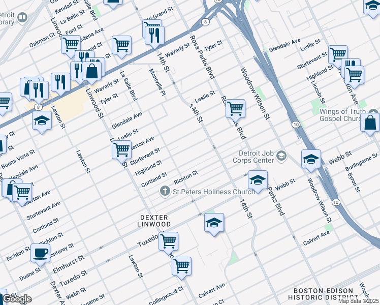 map of restaurants, bars, coffee shops, grocery stores, and more near 2330 Cortland Street in Detroit