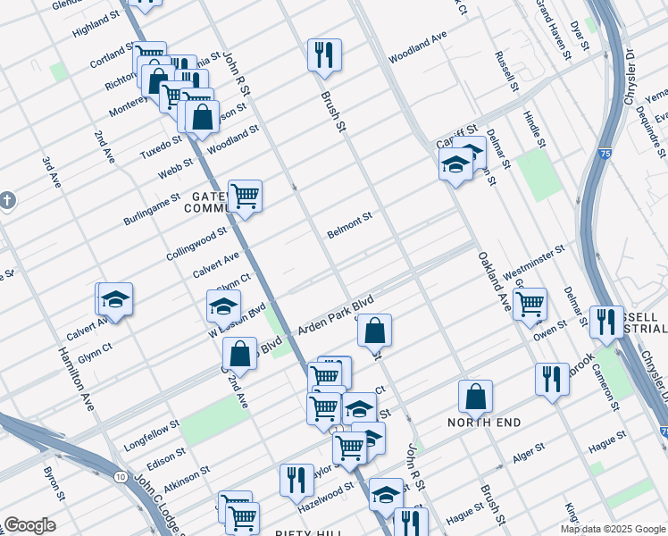 map of restaurants, bars, coffee shops, grocery stores, and more near John R Street in Detroit