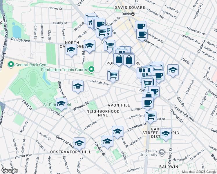 map of restaurants, bars, coffee shops, grocery stores, and more near 65 Walden Street in Cambridge