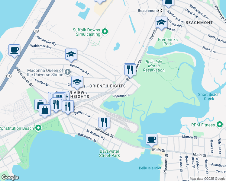 map of restaurants, bars, coffee shops, grocery stores, and more near 1200 Bennington Street in Boston