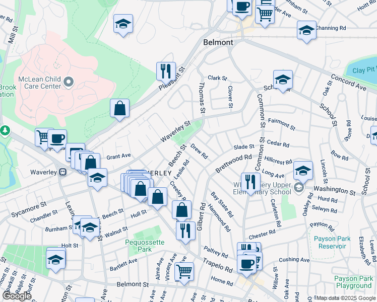 map of restaurants, bars, coffee shops, grocery stores, and more near 28 Upland Road in Belmont