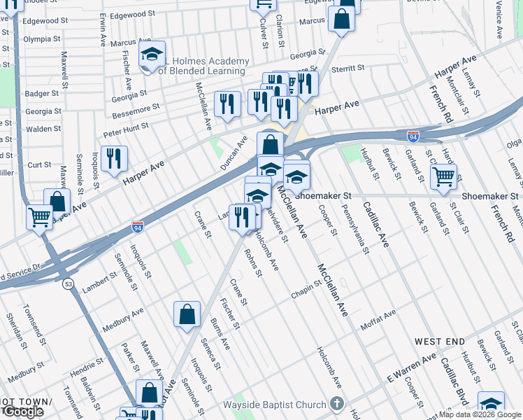 map of restaurants, bars, coffee shops, grocery stores, and more near 9100 Gratiot Avenue in Detroit