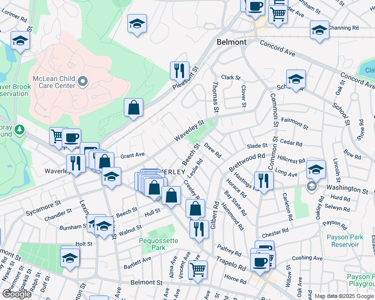 map of restaurants, bars, coffee shops, grocery stores, and more near 266 Beech Street in Belmont