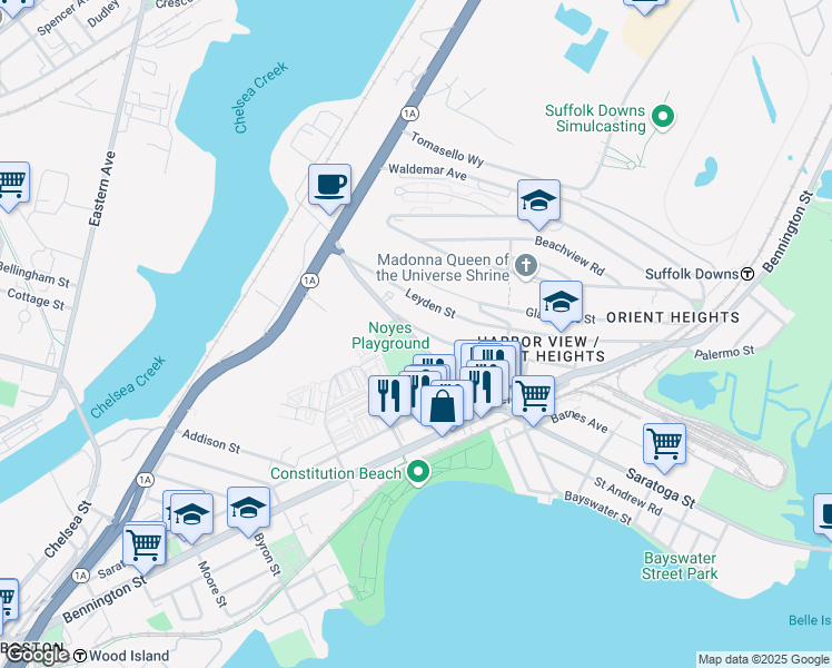 map of restaurants, bars, coffee shops, grocery stores, and more near 59 Boardman Street in Boston