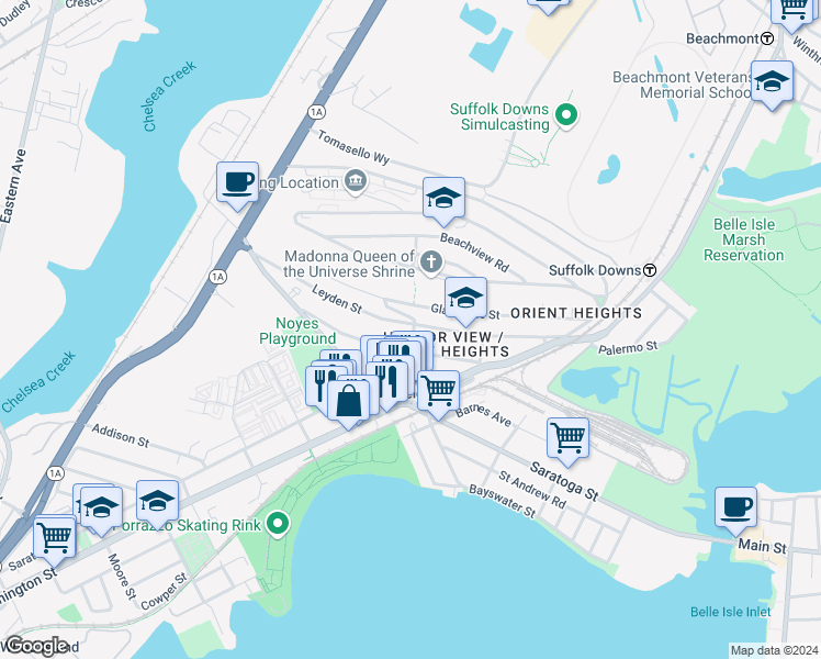map of restaurants, bars, coffee shops, grocery stores, and more near 53 Ashley Street in Boston
