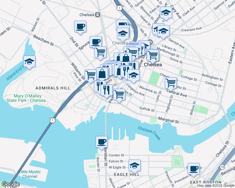 map of restaurants, bars, coffee shops, grocery stores, and more near 30 Hawthorne Street in Chelsea