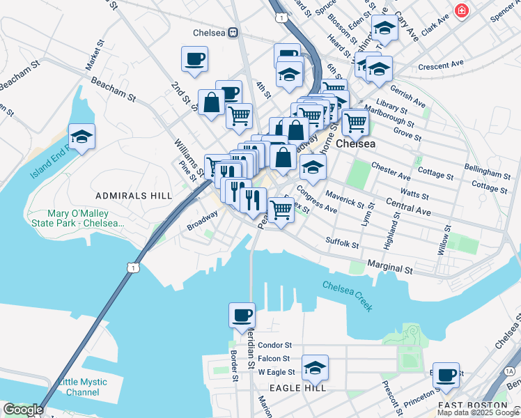 map of restaurants, bars, coffee shops, grocery stores, and more near 62 Pearl Street in Chelsea
