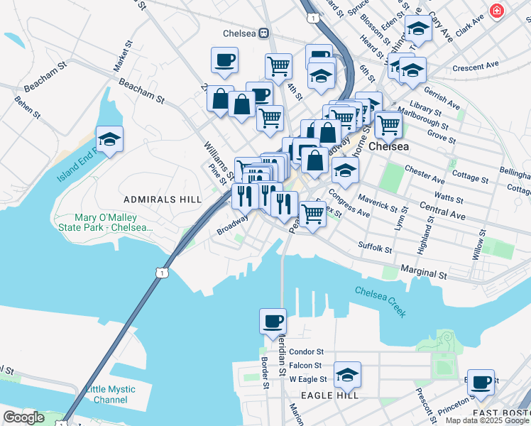 map of restaurants, bars, coffee shops, grocery stores, and more near 29 Williams Street in Chelsea
