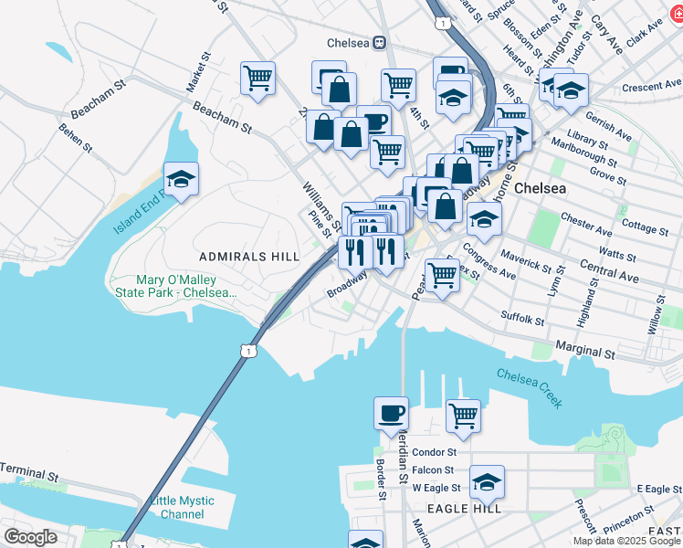 map of restaurants, bars, coffee shops, grocery stores, and more near 105 Broadway in Chelsea