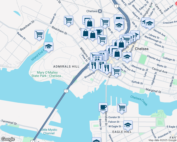 map of restaurants, bars, coffee shops, grocery stores, and more near 69 Broadway in Chelsea
