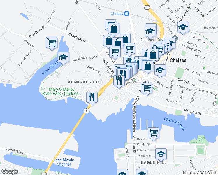 map of restaurants, bars, coffee shops, grocery stores, and more near 69 Broadway in Chelsea