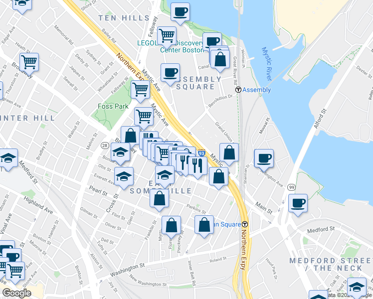 map of restaurants, bars, coffee shops, grocery stores, and more near 34 Indiana Avenue in Somerville