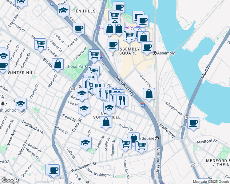 map of restaurants, bars, coffee shops, grocery stores, and more near 24 Michigan Avenue in Somerville