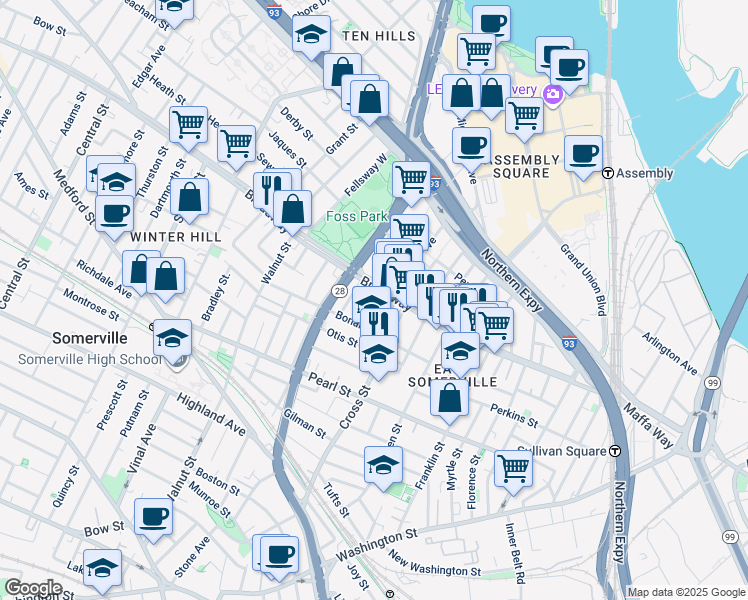 map of restaurants, bars, coffee shops, grocery stores, and more near 23 Bonair Street in Somerville
