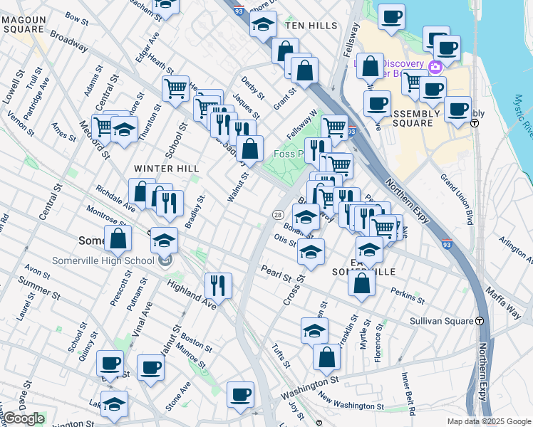map of restaurants, bars, coffee shops, grocery stores, and more near in Somerville