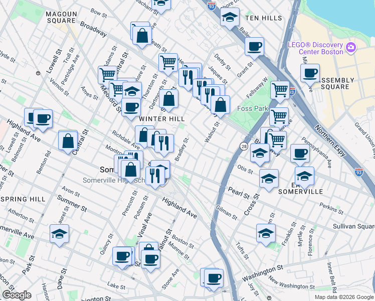 map of restaurants, bars, coffee shops, grocery stores, and more near 19 Bradley Street in Somerville