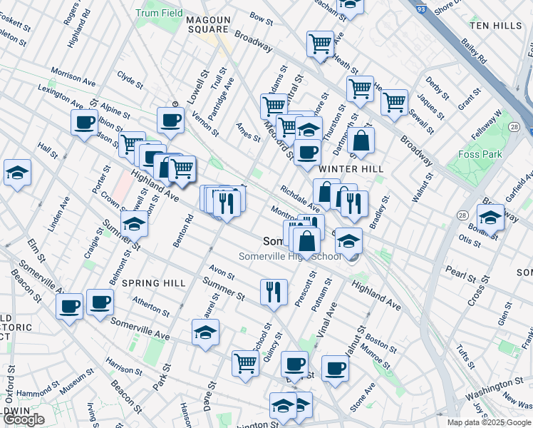 map of restaurants, bars, coffee shops, grocery stores, and more near 14 Sycamore Street in Somerville