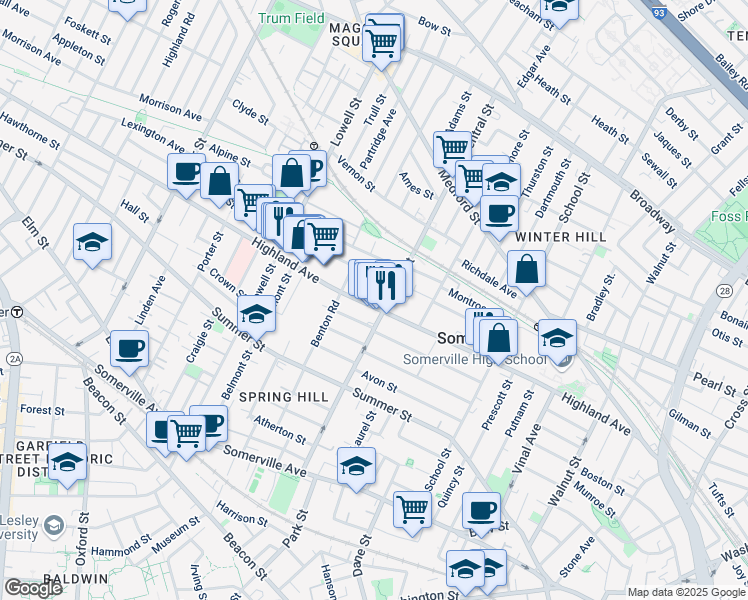 map of restaurants, bars, coffee shops, grocery stores, and more near 164 Highland Avenue in Somerville