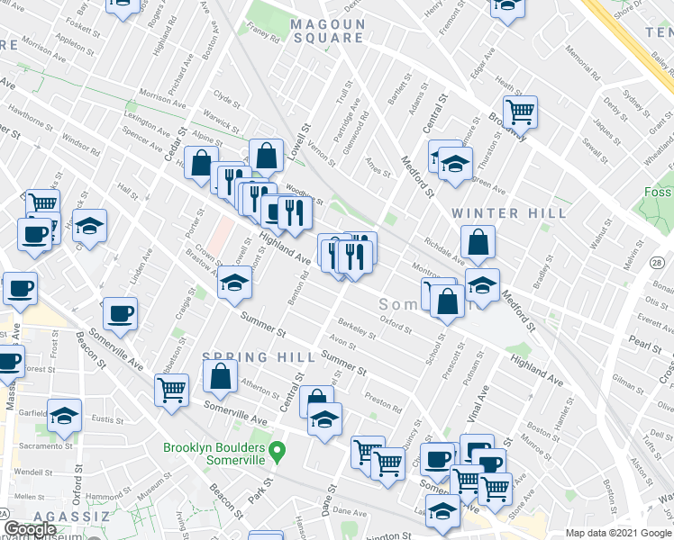 map of restaurants, bars, coffee shops, grocery stores, and more near 164 Highland Avenue in Somerville