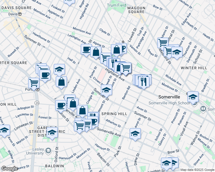 map of restaurants, bars, coffee shops, grocery stores, and more near 121 Lowell Street in Somerville
