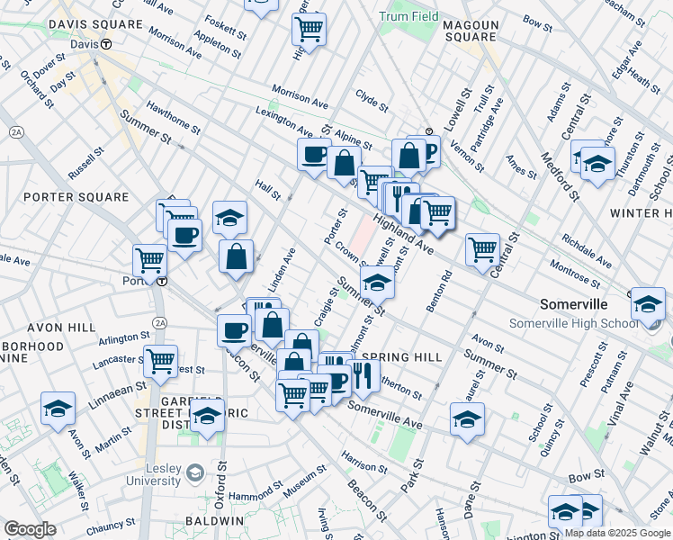 map of restaurants, bars, coffee shops, grocery stores, and more near 215 Summer Street in Somerville