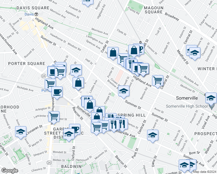 map of restaurants, bars, coffee shops, grocery stores, and more near 215 Summer Street in Somerville