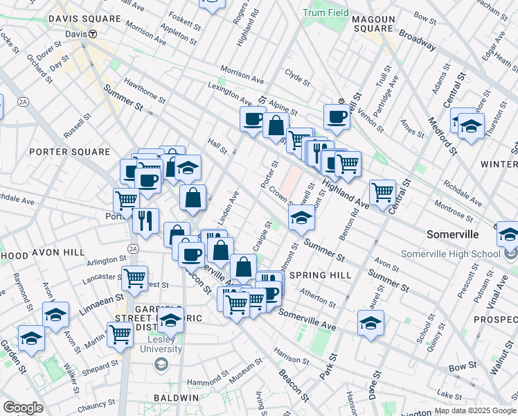 map of restaurants, bars, coffee shops, grocery stores, and more near 47 Porter Street in Somerville