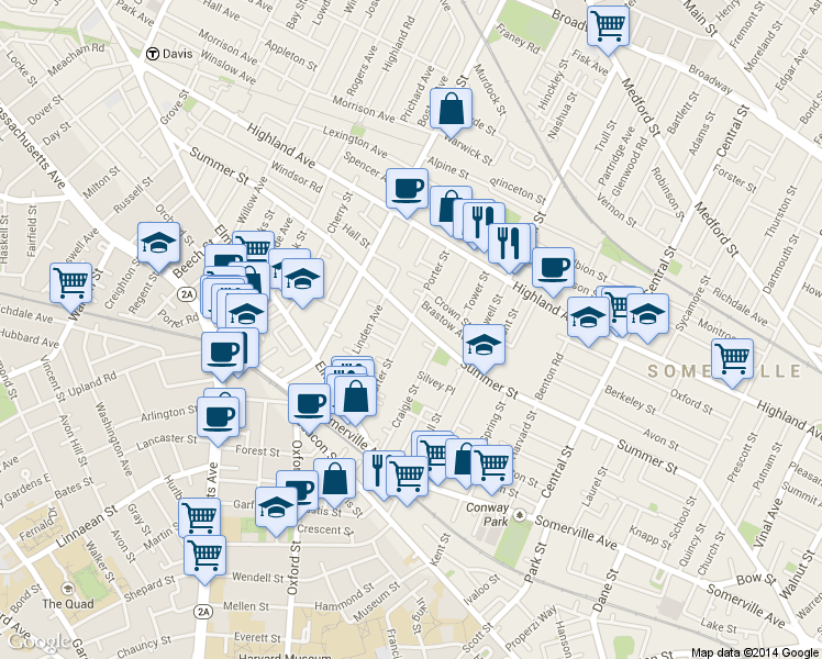 map of restaurants, bars, coffee shops, grocery stores, and more near 47 Porter Street in Somerville