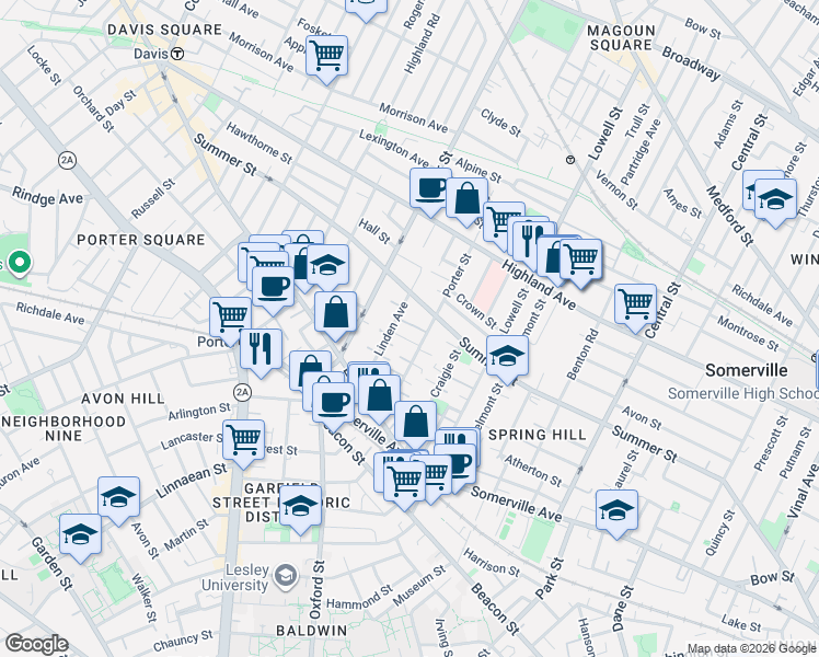 map of restaurants, bars, coffee shops, grocery stores, and more near 47 Porter Street in Somerville
