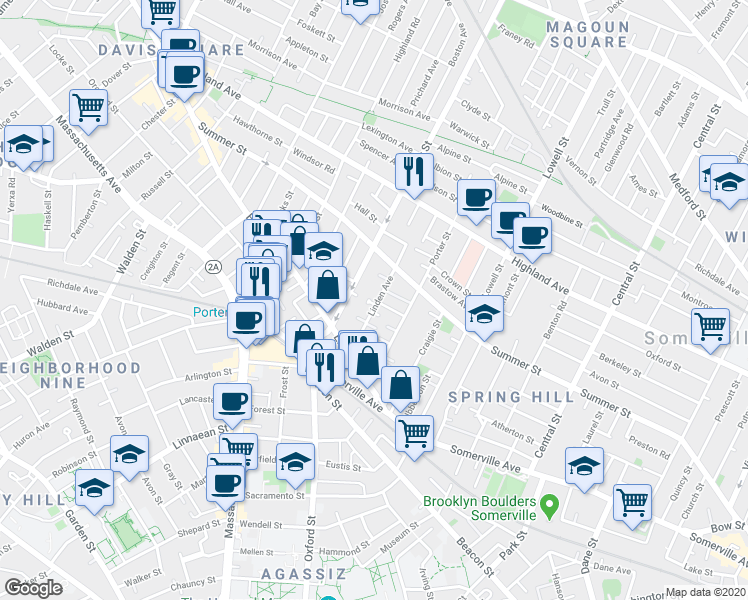 map of restaurants, bars, coffee shops, grocery stores, and more near 27 Linden Avenue in Somerville