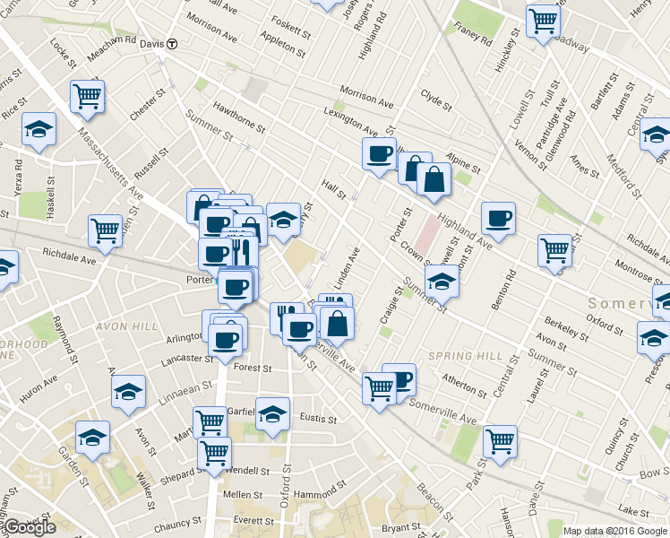 map of restaurants, bars, coffee shops, grocery stores, and more near 29a Linden Avenue in Somerville