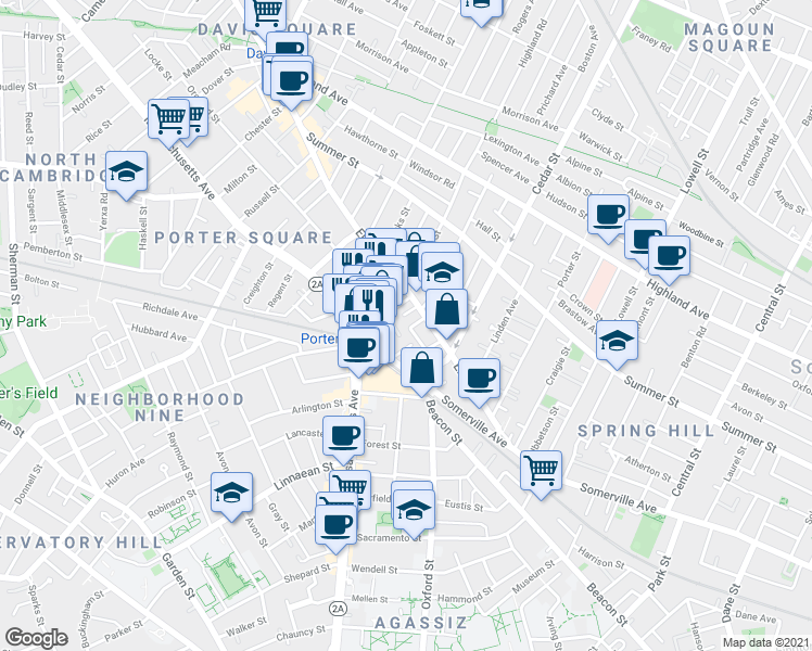 map of restaurants, bars, coffee shops, grocery stores, and more near 31A Holyoke Road in Somerville