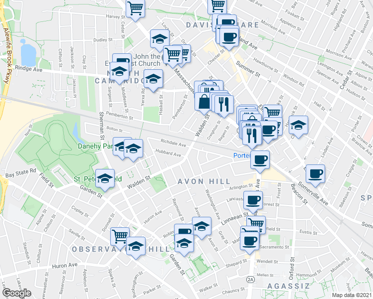 map of restaurants, bars, coffee shops, grocery stores, and more near 77 Walden Street in Cambridge