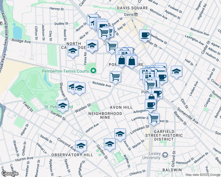 map of restaurants, bars, coffee shops, grocery stores, and more near 77 Walden Street in Cambridge