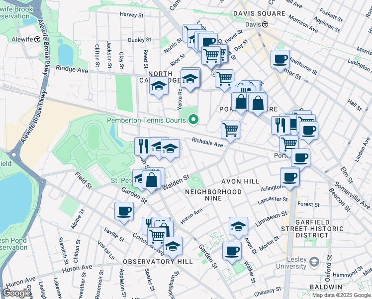 map of restaurants, bars, coffee shops, grocery stores, and more near 176 Raymond Street in Cambridge