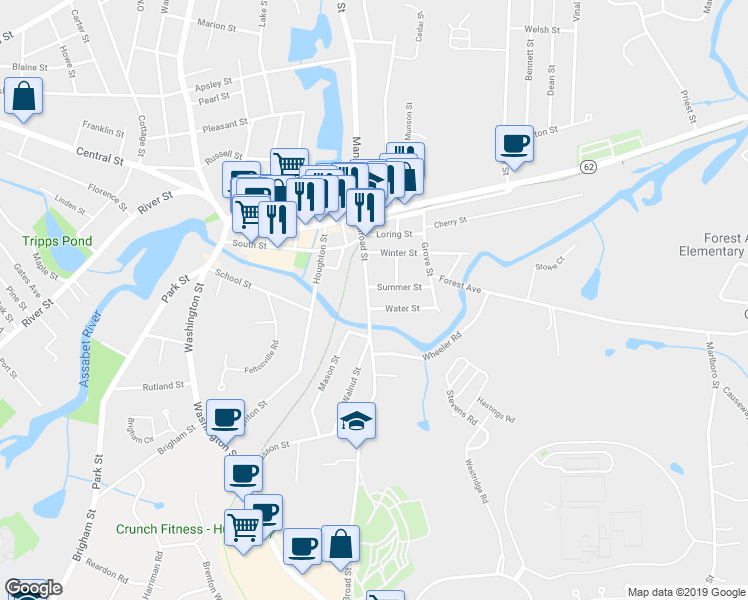 map of restaurants, bars, coffee shops, grocery stores, and more near 50 Broad Street in Hudson
