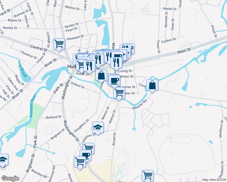map of restaurants, bars, coffee shops, grocery stores, and more near 43 Broad Street in Hudson