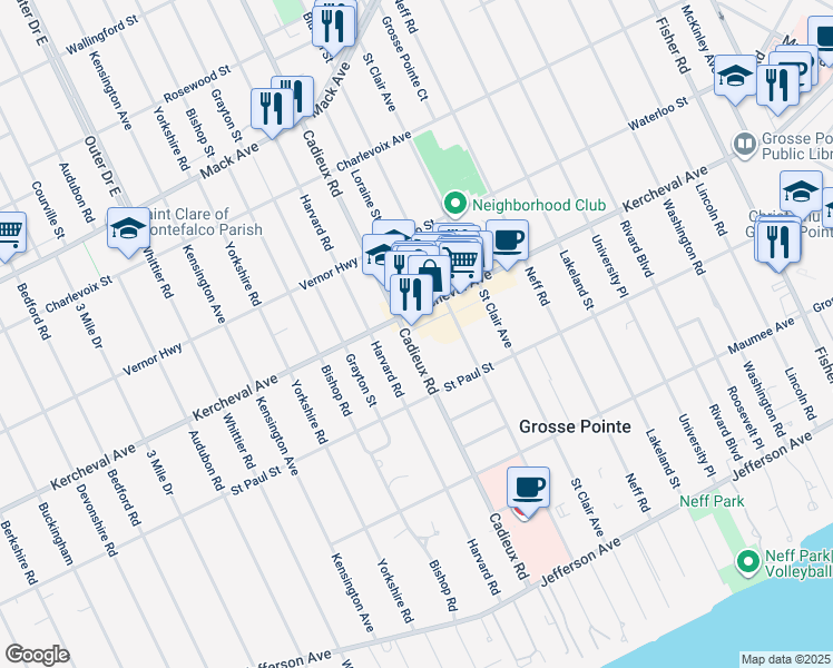 map of restaurants, bars, coffee shops, grocery stores, and more near 1157 Cadieux Road in Grosse Pointe